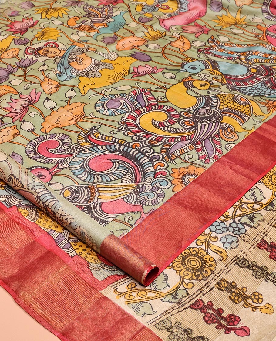 Green Floral-Peacock Pen Kalamkari Silk Saree, a Contrast Border, Human Motifs Pallu, Contrast Blouse