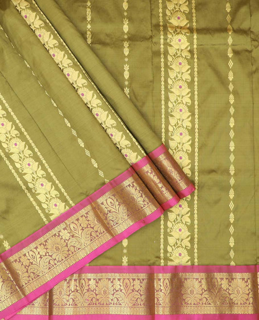 Green floral buttas pure silk half saree with contrast zari border,  contrast zari design blouse & plain with zari border dhavani