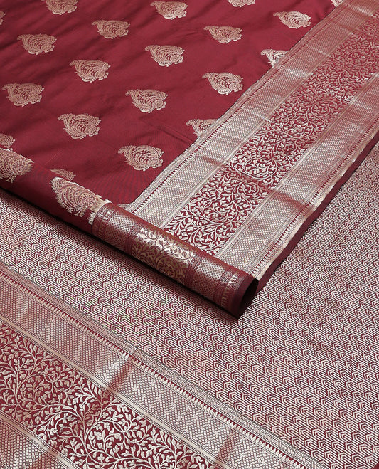 Marron floral motifs vasundhara elite silk saree with contrast border of floral vine, checked design & geometric design pallu