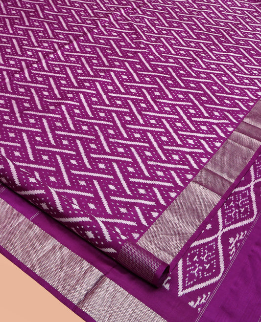 Purple Pochampally Ikat Silk Saree, Accentuated with Ikat Geometric Designs on Its Body, Highlighted by a Zari Chevron Border, Pallu of Ogee Pattern in Ikkat Weave, and Paired with a Matching Blouse