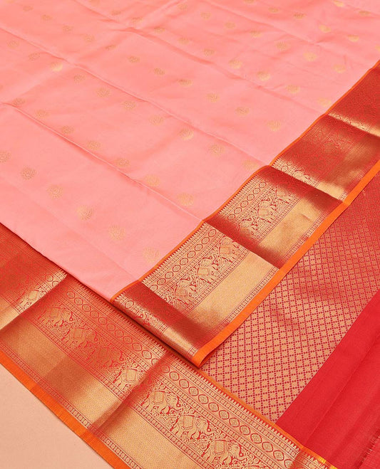 Pink Vasundhara Lite Silk Mix Saree, Spotlighted with Zari Buttas All Over Its Body, Complemented by a Contrast Border of Rekku, Rudraksham, Laddu Kamalam, Yaanai, and Mayil Kann Designs, Grand Jaal-Design Pallu, and Paired with a Contrast Blouse
