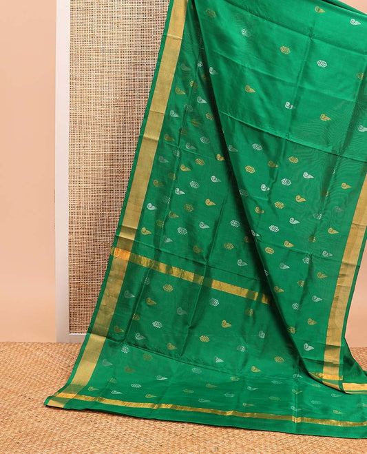 Green floral motifs uppada saree with self zari border & striped, floral design pallu