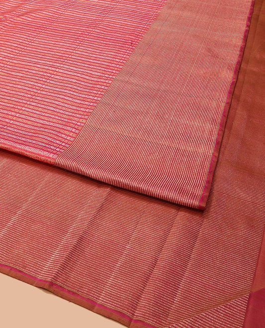 Red Kanchipuram Designer Silk Saree, Boldly Accentuated with Jacquard Design All Over Its Body, Gleaming Zari Striped Border, Pallu Steeped with Zari Stripes, and Paired with a Matching Blouse