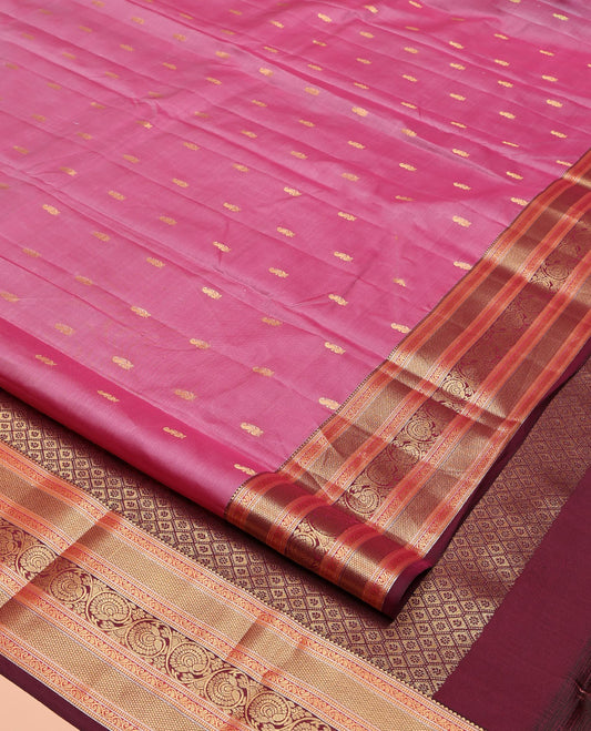 Pink Vasundhara Silk Mix Saree, Embellished with Zari Buttas All Over Its Body, Complemented by Captivating Contrast Border of Rekku, Mayil Kann, Kodi Manga, and Kodi Visiry Designs, Grand Jaal Pallu and Paired with a Contrast Blouse