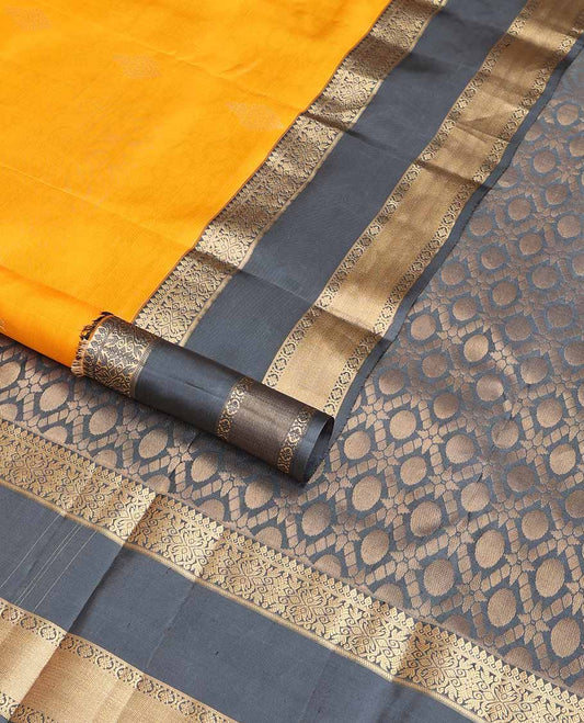 Yellow floral buttas silk saree with rettai pettu zari design border & checked zari design pallu
