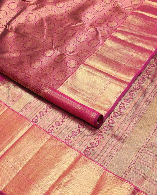 Dark pink floral design silk saree with self border of paun, vanki, banaras design & zari design pallu