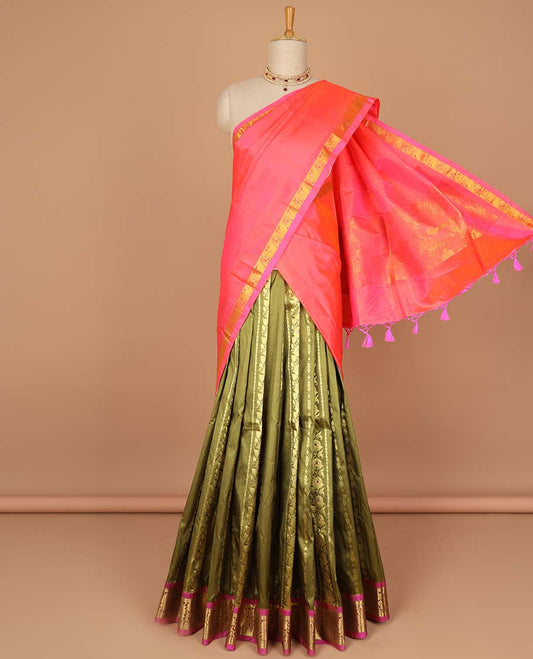Green floral buttas pure silk half saree with contrast zari border,  contrast zari design blouse & plain with zari border dhavani