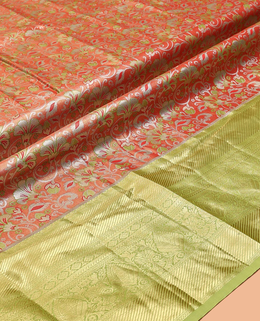 Orange Art Silk Material Half Saree Set Featuring a Zari Buttas and Checked Skirt, a Contrast Traditional Zari Design Border, Contrast Blouse, and Zari Designs Dhavani