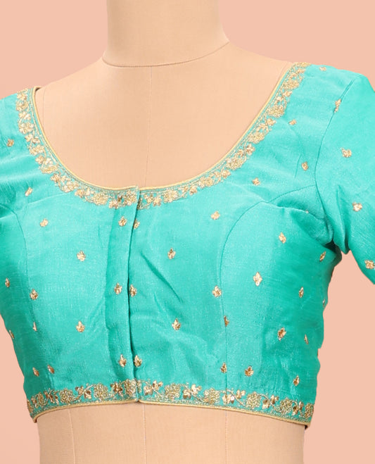 Turquoise embroidered round neck with elbow sleeve  raw-silk blouse