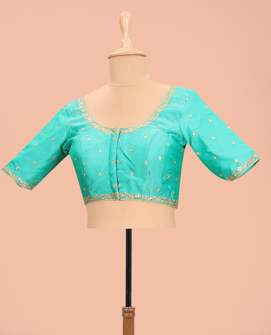 Turquoise embroidered round neck with elbow sleeve  raw-silk blouse