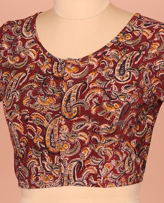 Maroon Cotton Readymade Blouse Beautified with All-Over Paisley Print, Featuring a Front Round-Neck, a Closed Back Neck, and Elbow Sleeves