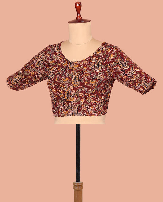 Maroon Cotton Readymade Blouse Beautified with All-Over Paisley Print, Featuring a Front Round-Neck, a Closed Back Neck, and Elbow Sleeves