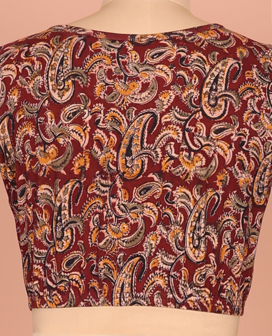Maroon Cotton Readymade Blouse Beautified with All-Over Paisley Print, Featuring a Front Round-Neck, a Closed Back Neck, and Elbow Sleeves