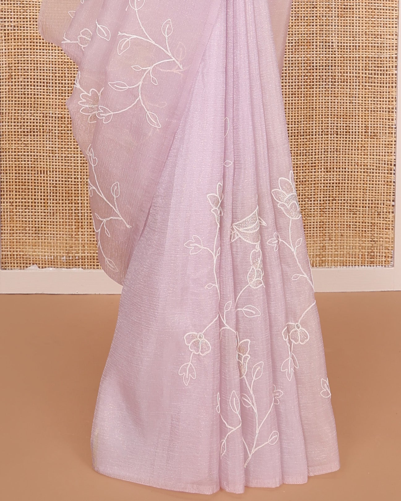 Borderless baby pink floral vine thread embroidered tissue saree, floral vine thread embroidered pallu