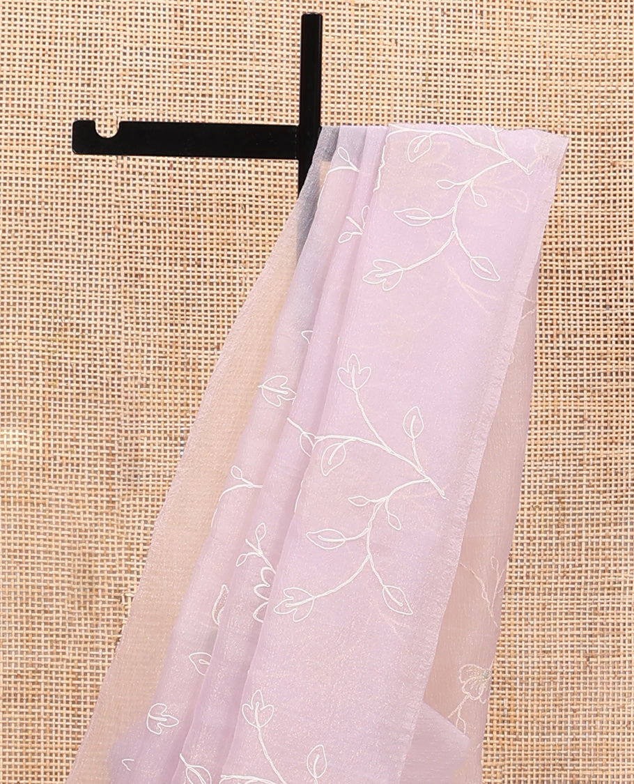 Borderless baby pink floral vine thread embroidered tissue saree, floral vine thread embroidered pallu