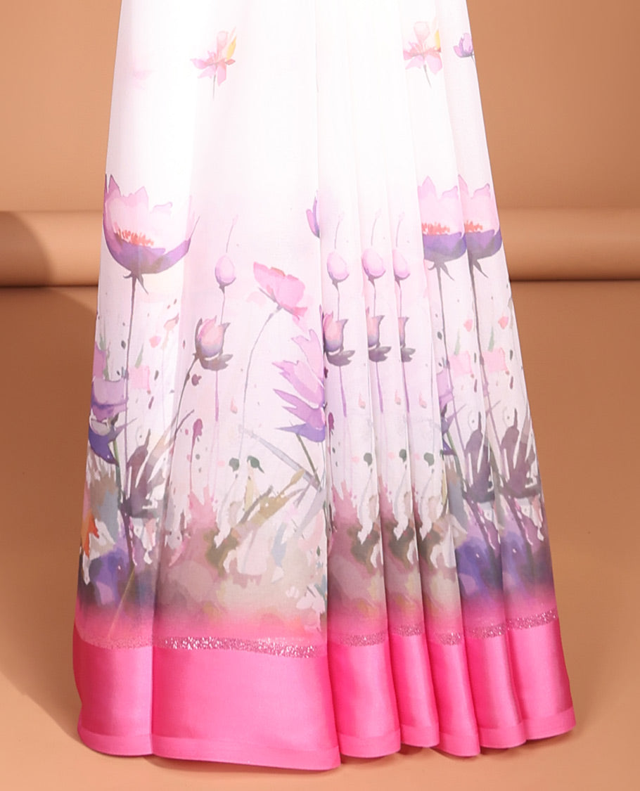 White digital floral design moss chiffon saree with contrast pink zari border & floral design pallu