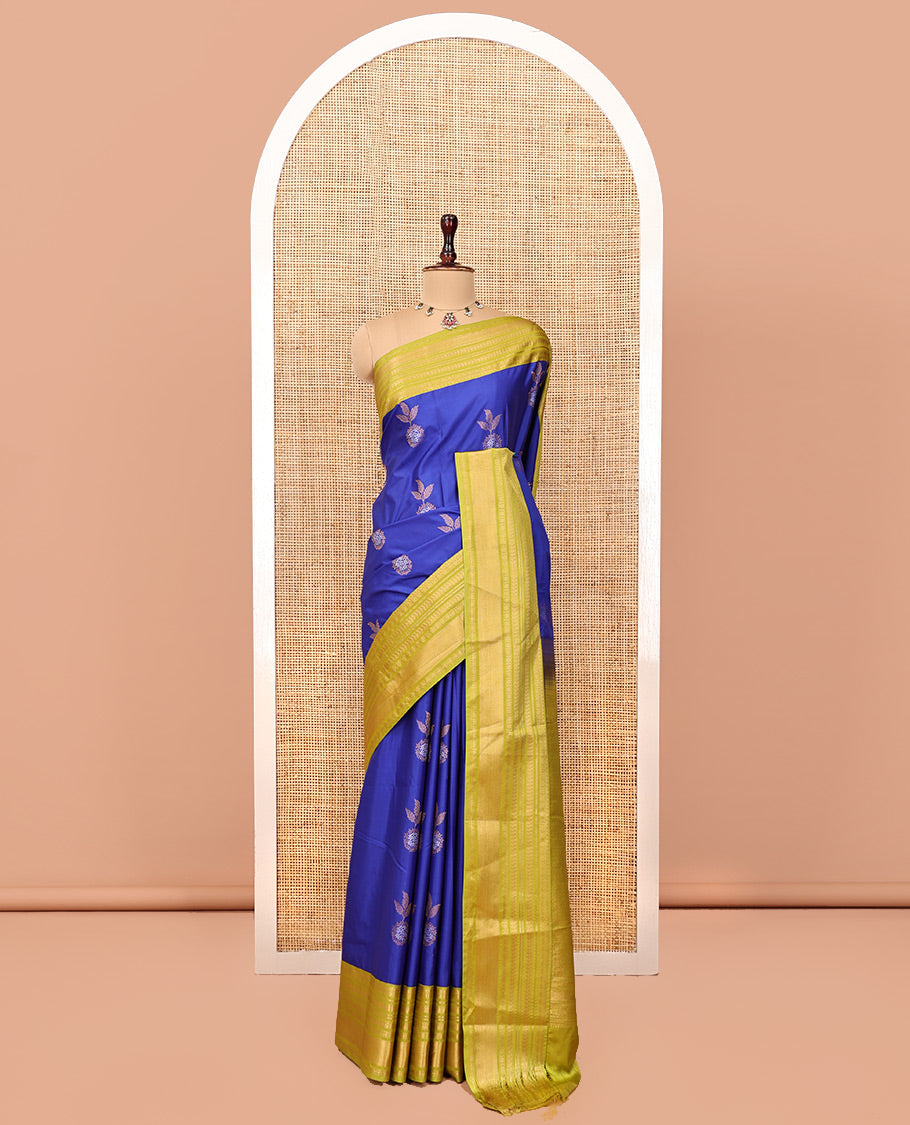 M.s Blue-Green Budget Silk Saree, Accentuated with Floral Zari Buttas, a Contrast Traditional Zari Border, Grand Pallu, and a Contrast Blouse