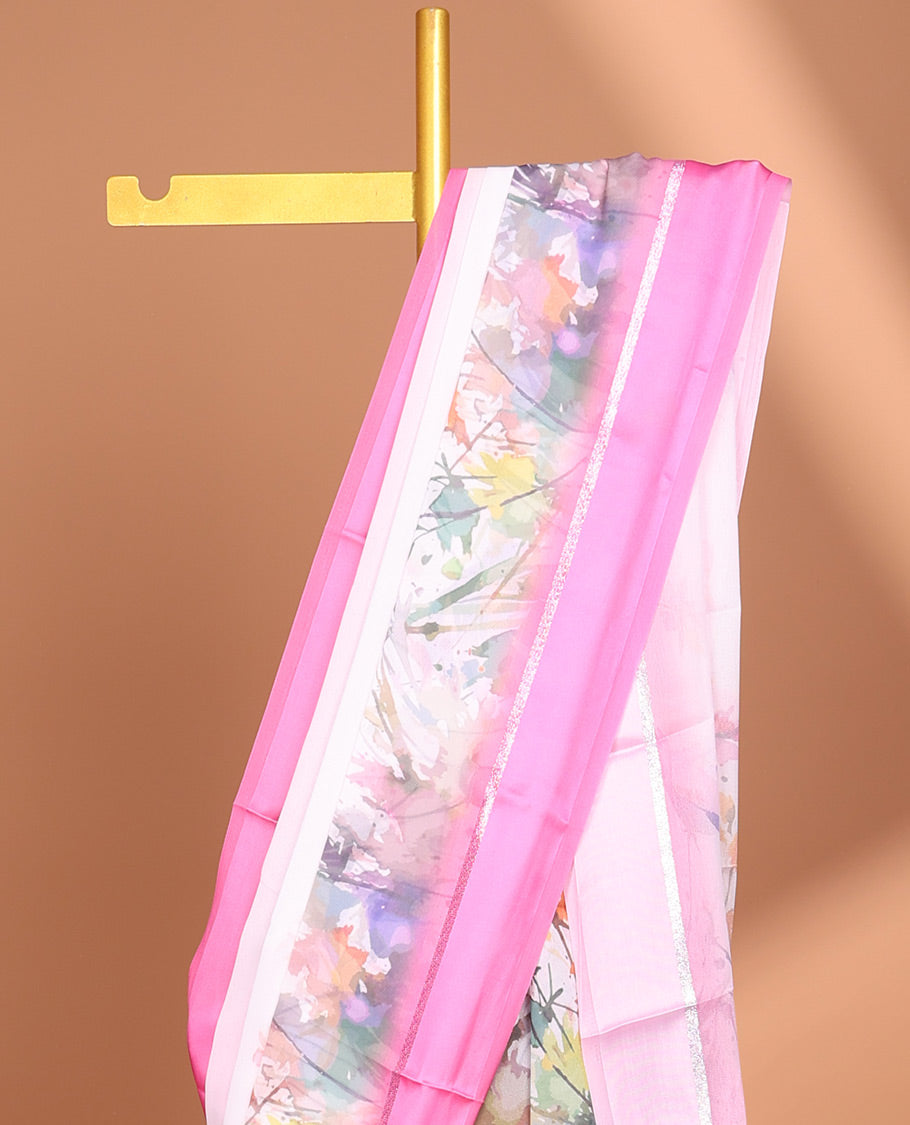 White digital floral design moss chiffon saree with contrast pink zari border & floral design pallu
