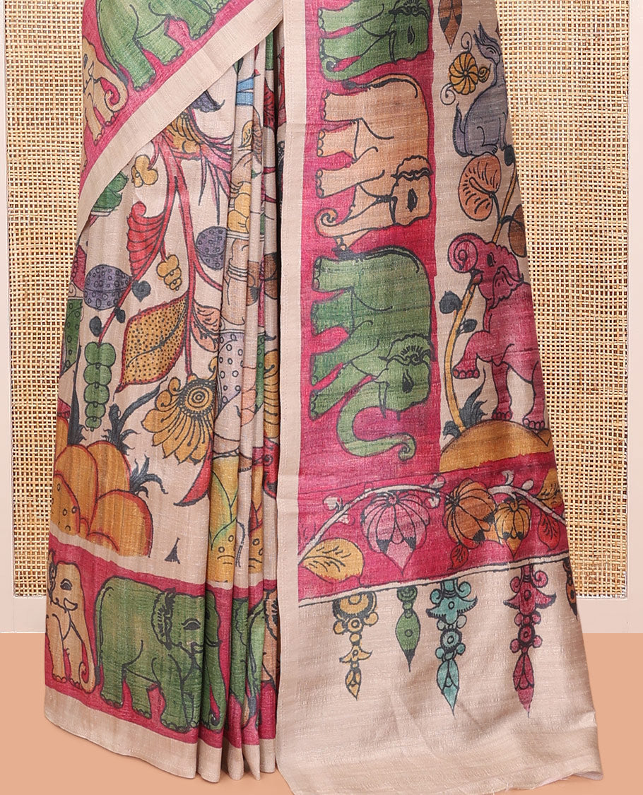 Sandal Fancy Tussar Saree Features Kalamkari Floral and Animal Print, Contrast Elephant Border, Kalamkari Pallu, and a Contrast Blouse
