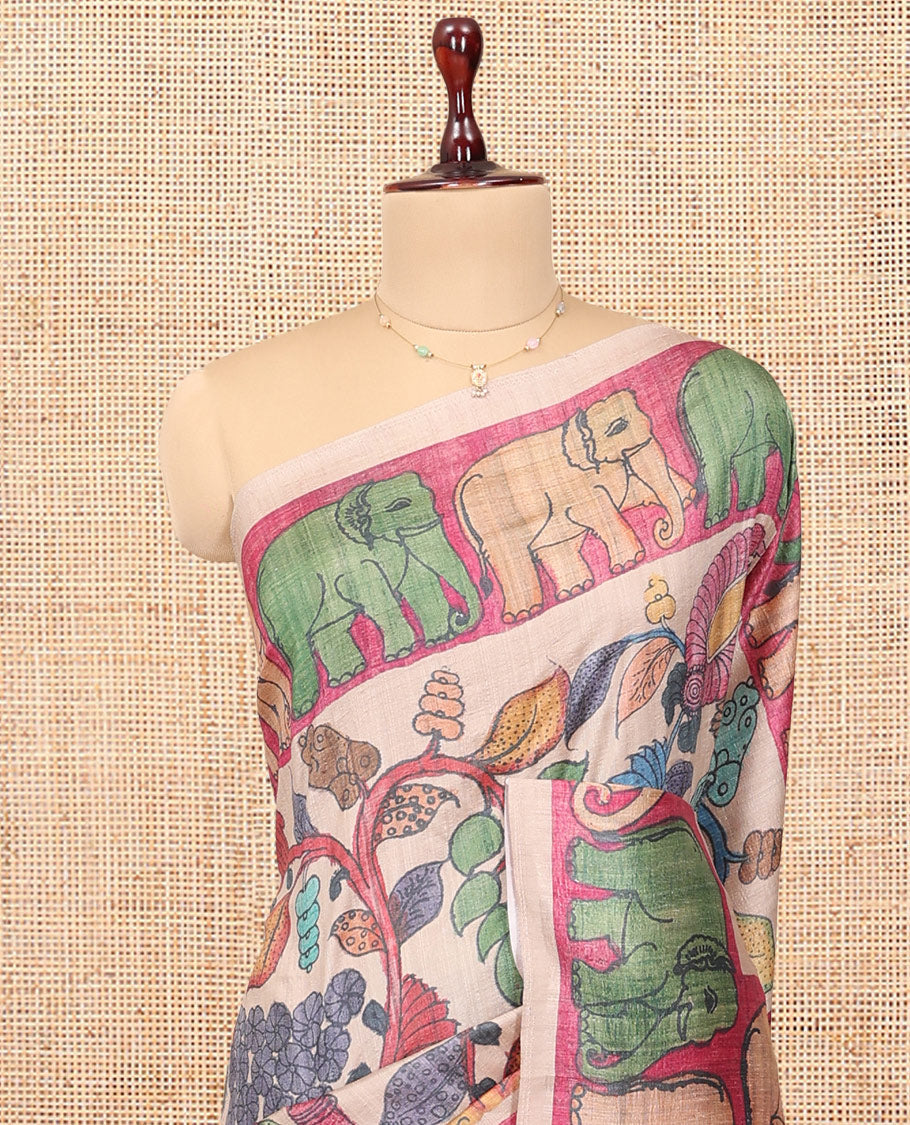 Sandal Fancy Tussar Saree Features Kalamkari Floral and Animal Print, Contrast Elephant Border, Kalamkari Pallu, and a Contrast Blouse