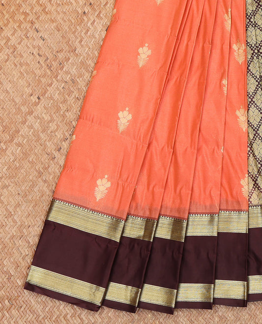 Orange Budget Silk Saree, Bedecked with Zari Buttas All Over Its Body, Complemented by a Contrast Traditional Zari Design Woven Rettai Pettu Border, Intricately Designed Pallu of Jaal Designs, and Paired with a Contrast Blouse