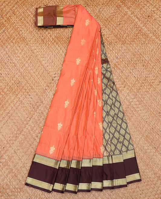 Orange Budget Silk Saree, Bedecked with Zari Buttas All Over Its Body, Complemented by a Contrast Traditional Zari Design Woven Rettai Pettu Border, Intricately Designed Pallu of Jaal Designs, and Paired with a Contrast Blouse