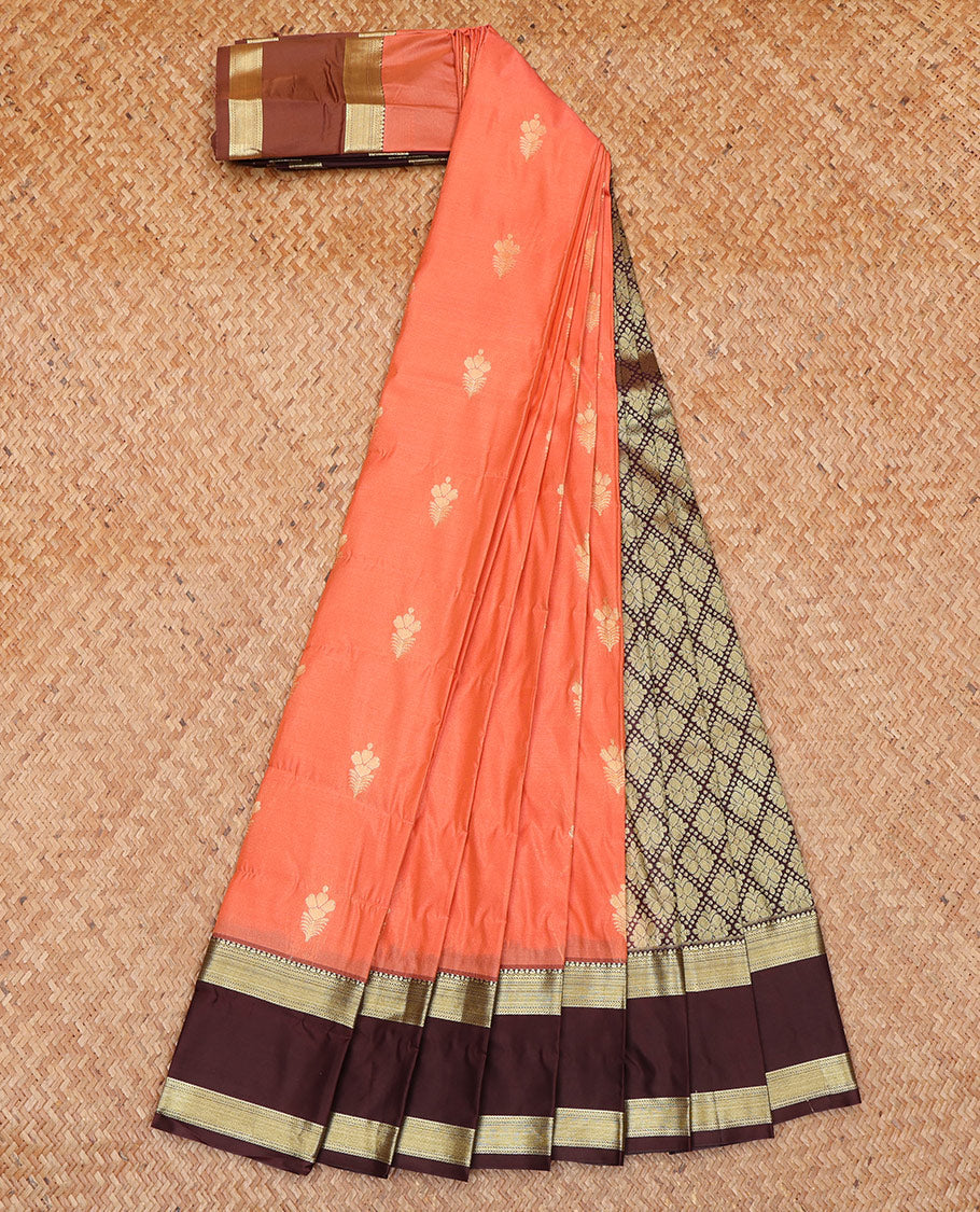 Orange Budget Silk Saree, Bedecked with Zari Buttas All Over Its Body, Complemented by a Contrast Traditional Zari Design Woven Rettai Pettu Border, Intricately Designed Pallu of Jaal Designs, and Paired with a Contrast Blouse