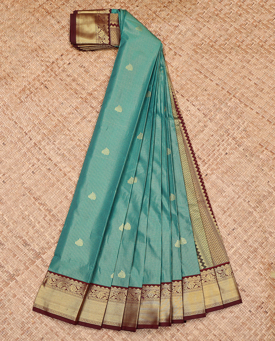 Green Budget Silk Saree, Adorned with Zari Buttas and Checks, Complemented by a Contrast Traditional Zari Border, Geometric Pallu, and a Contrast Blouse