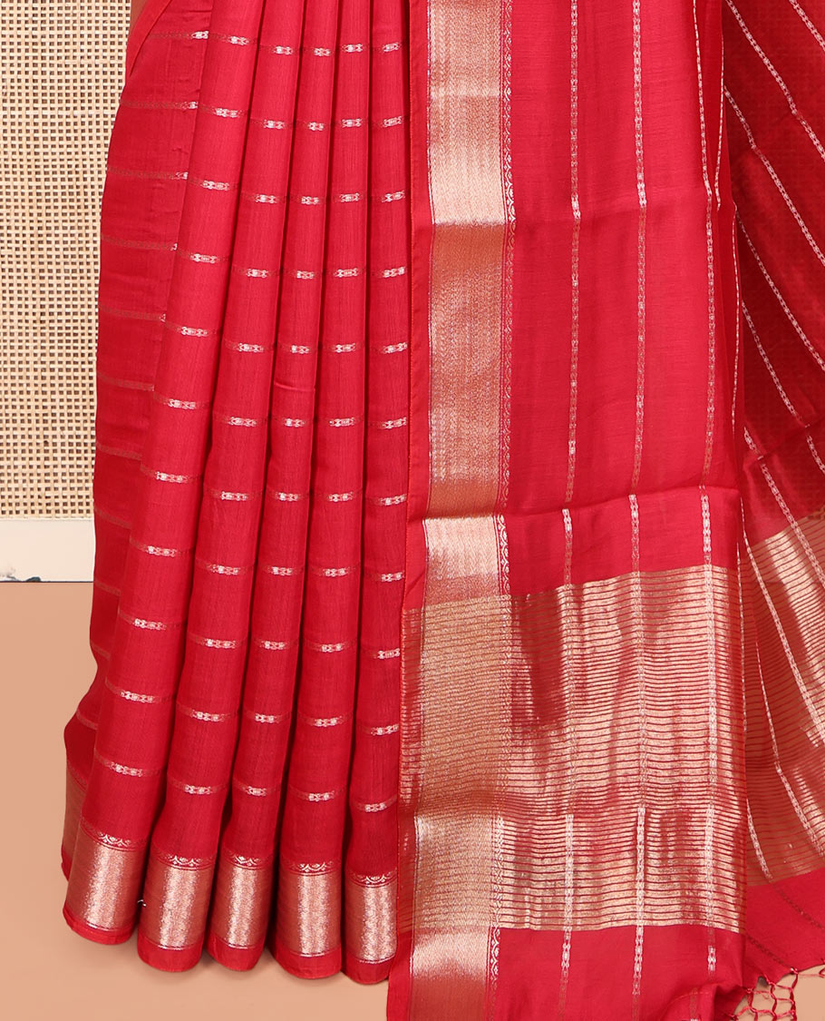 Pink Zari Striped Assam Silk Saree, Highlighted by a Traditional Zari Border, Zari-Striped Pallu, and a Matching Blouse