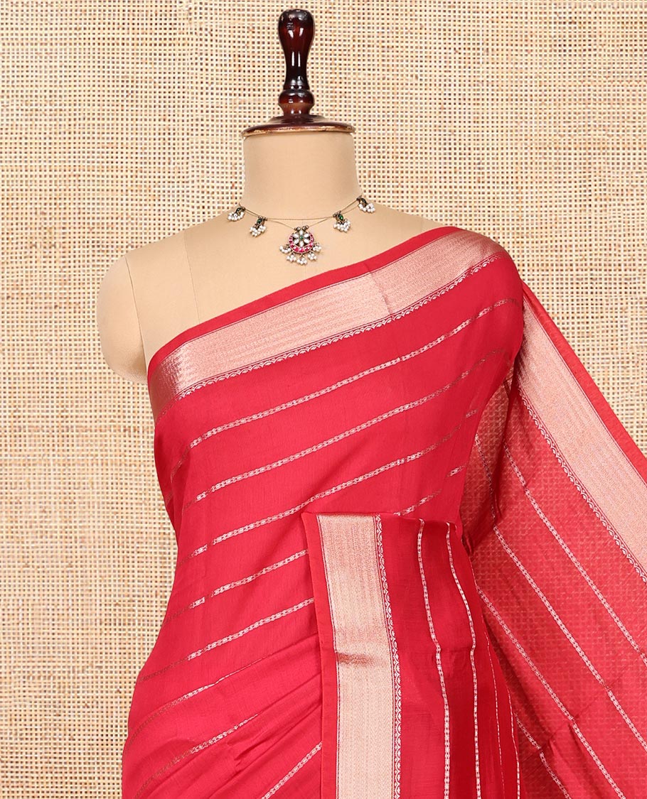 Pink Zari Striped Assam Silk Saree, Highlighted by a Traditional Zari Border, Zari-Striped Pallu, and a Matching Blouse