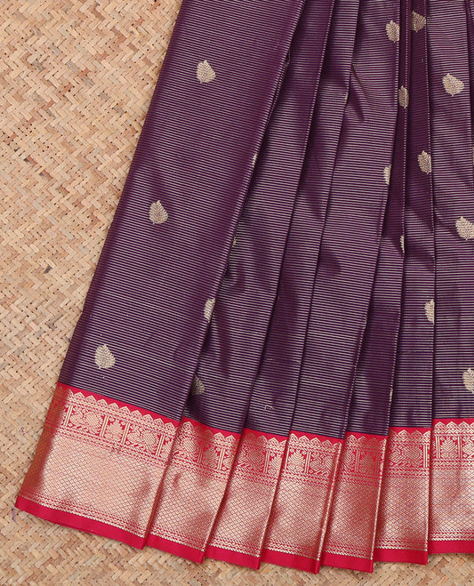 Purple Budget Silk Saree Featuring Zari Buttas and Stripes, a Contrast Traditional Zari Border, Grand Pallu, and a Contrast Blouse