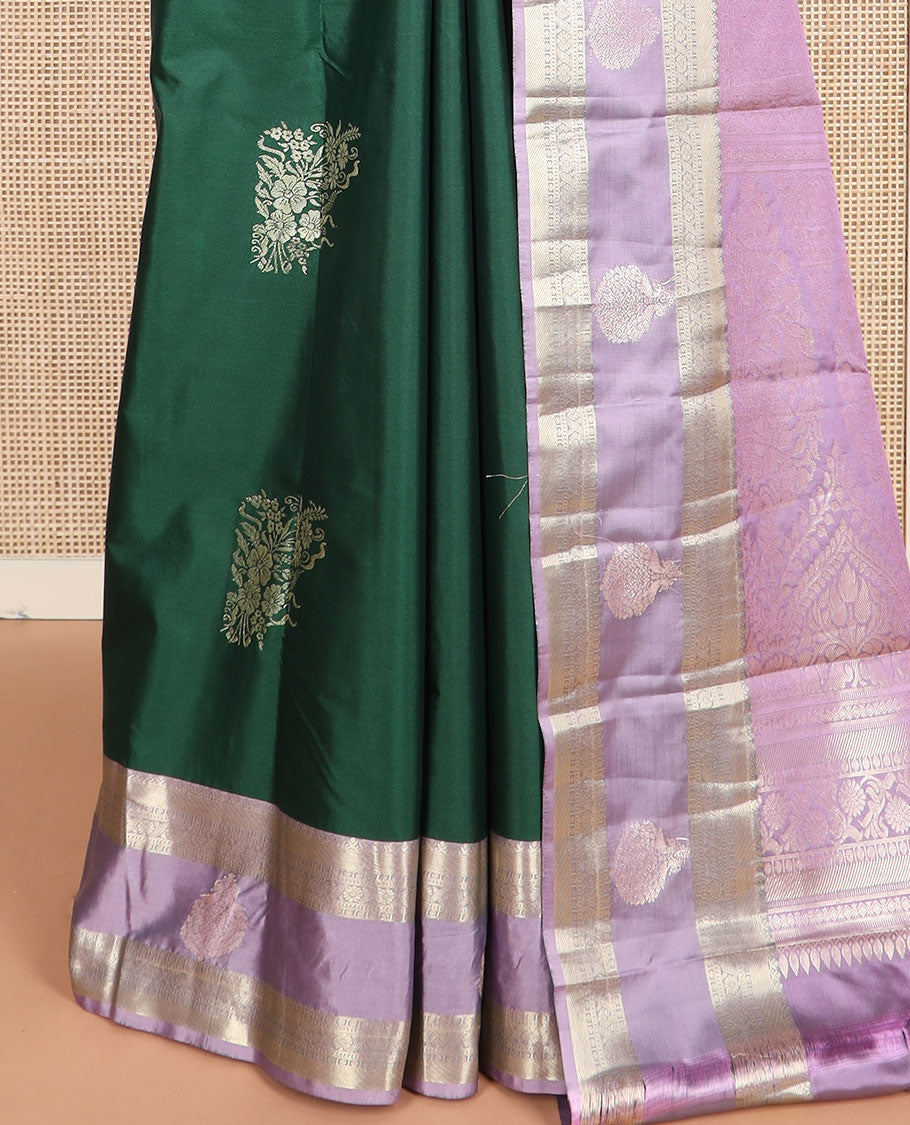 Green zari buttas budget silk saree, contrast traditional zari border, and pallu of intricate designs