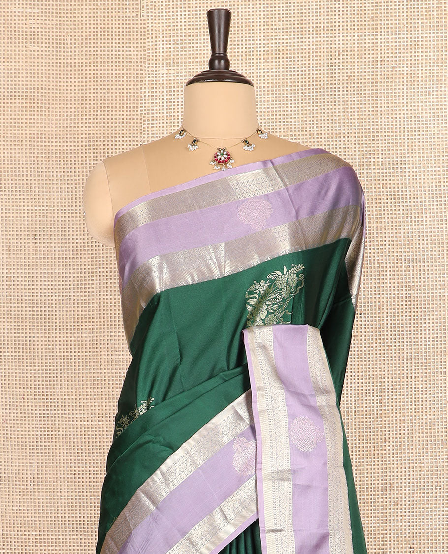 Green zari buttas budget silk saree, contrast traditional zari border, and pallu of intricate designs