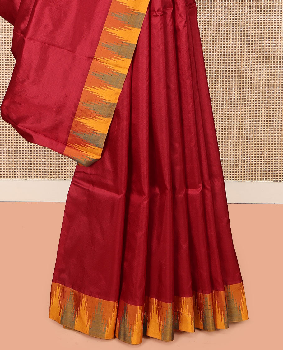 Red Plain Bangalore Silk Saree, Complemented by a Contrast Temple Border, Pallu of Stripes, and a Contrast Blouse