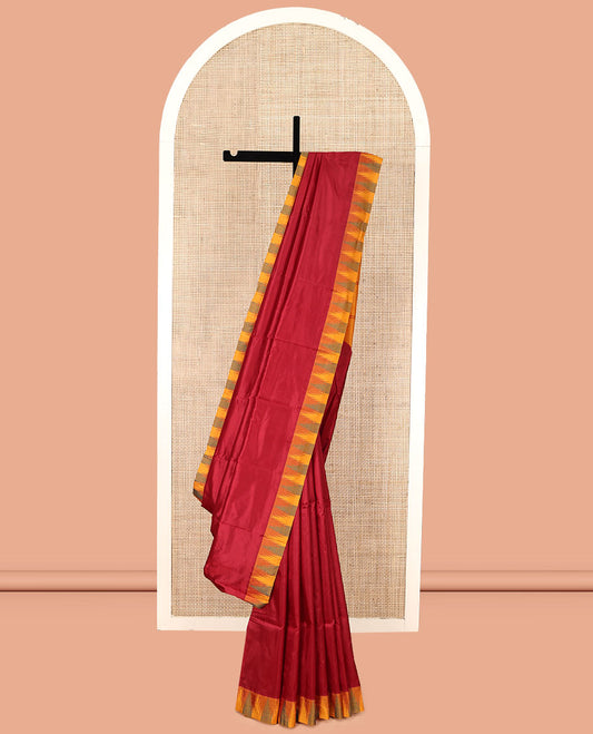 Red Plain Bangalore Silk Saree, Complemented by a Contrast Temple Border, Pallu of Stripes, and a Contrast Blouse