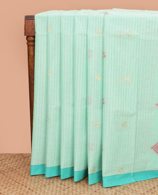 Green striped and leaf motifs coimbatore cotton saree, contrast plain border and of intricate motifs