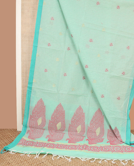 Green striped and leaf motifs coimbatore cotton saree, contrast plain border and of intricate motifs