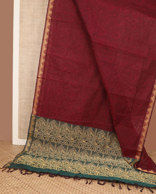 Maroon paisley enclosed boxes woven Coimbatore cotton saree, temple border & contrast paisley design pallu