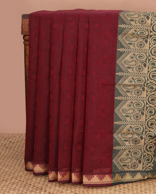 Maroon paisley enclosed boxes woven Coimbatore cotton saree, temple border & contrast paisley design pallu