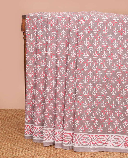 Pink with red floral block design mul mul cotton saree with contrast intricate design & floral motifs, geometric design pallu