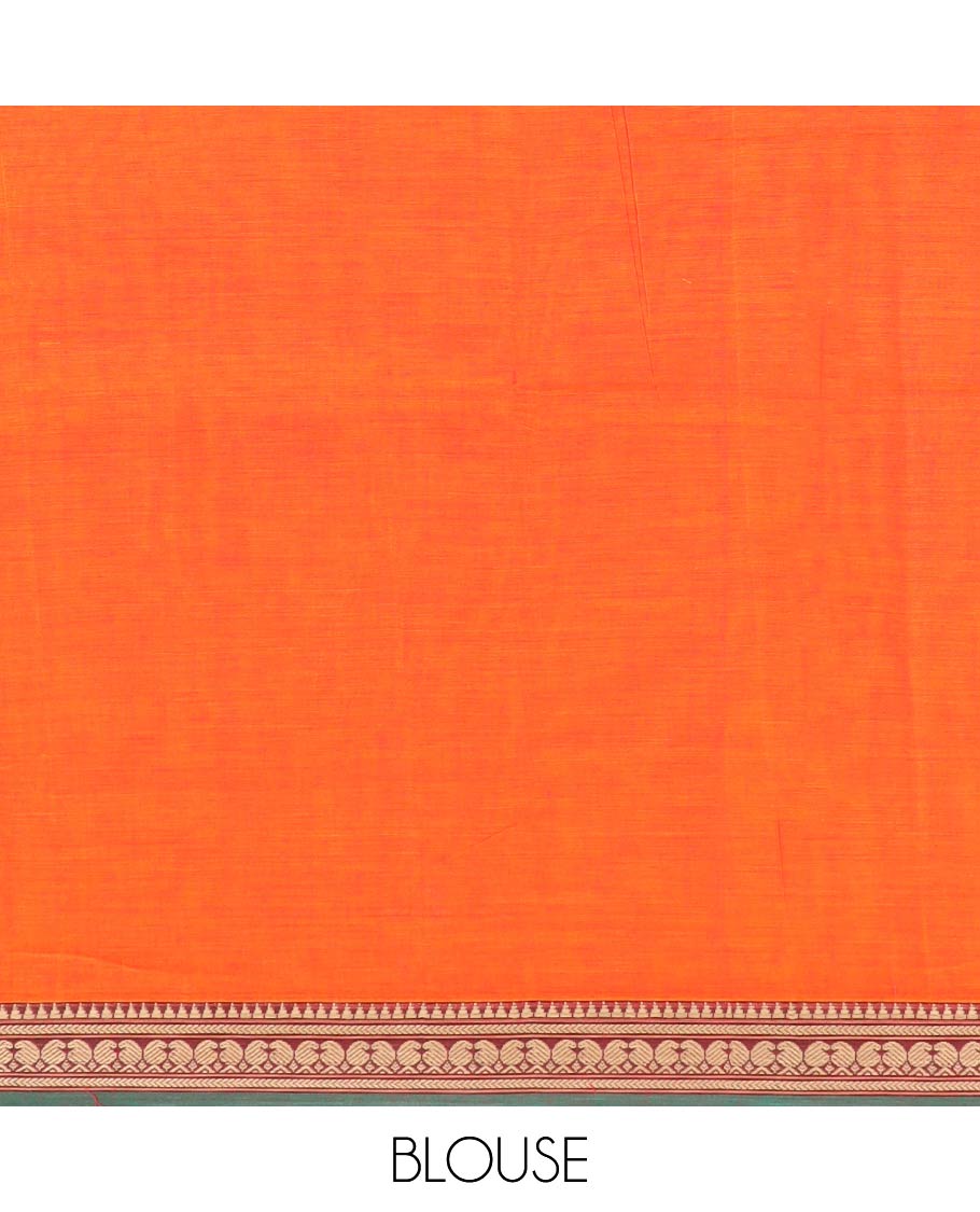Orange plain Narayanpet cotton saree, contrast traditional border, and striped pallu