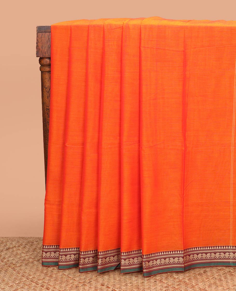 Orange plain Narayanpet cotton saree, contrast traditional border, and striped pallu
