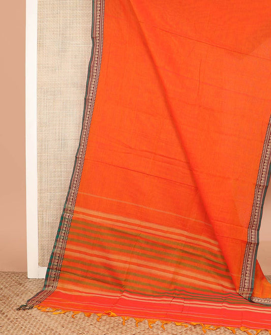Orange plain Narayanpet cotton saree, contrast traditional border, and striped pallu