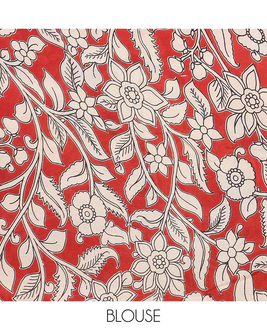 Brown plain machine-printed Kalamkari cotton saree, contrast elephant motifs printed border, and peacock printed pallu