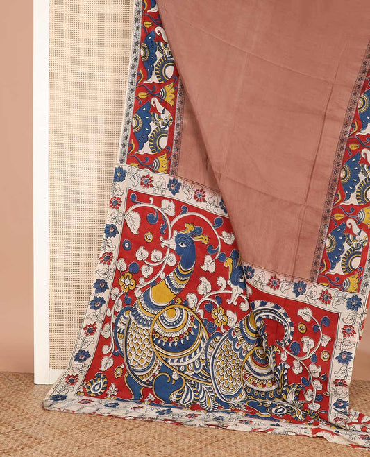Brown plain machine-printed Kalamkari cotton saree, contrast elephant motifs printed border, and peacock printed pallu
