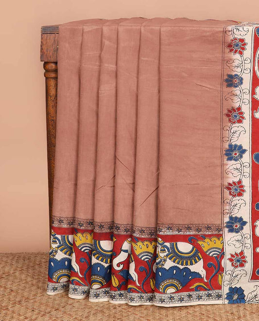 Brown plain machine-printed Kalamkari cotton saree, contrast elephant motifs printed border, and peacock printed pallu