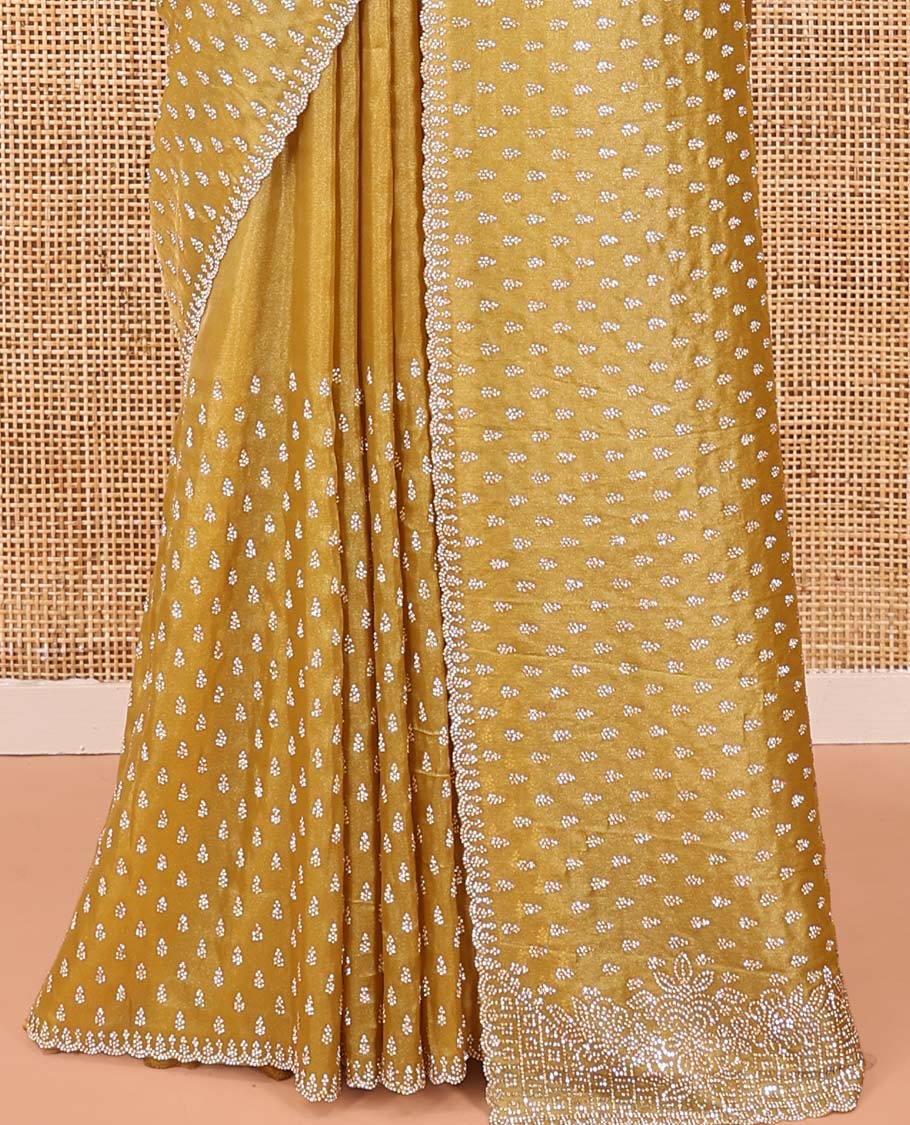 Mustard Designer Saree, Spotlighted with Stone Work All Over Its Body, Intricately Stone Woven Pallu, and Paired with a Matching Blouse