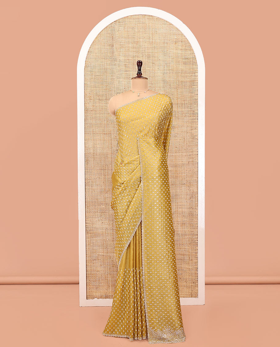 Mustard Designer Saree, Spotlighted with Stone Work All Over Its Body, Intricately Stone Woven Pallu, and Paired with a Matching Blouse