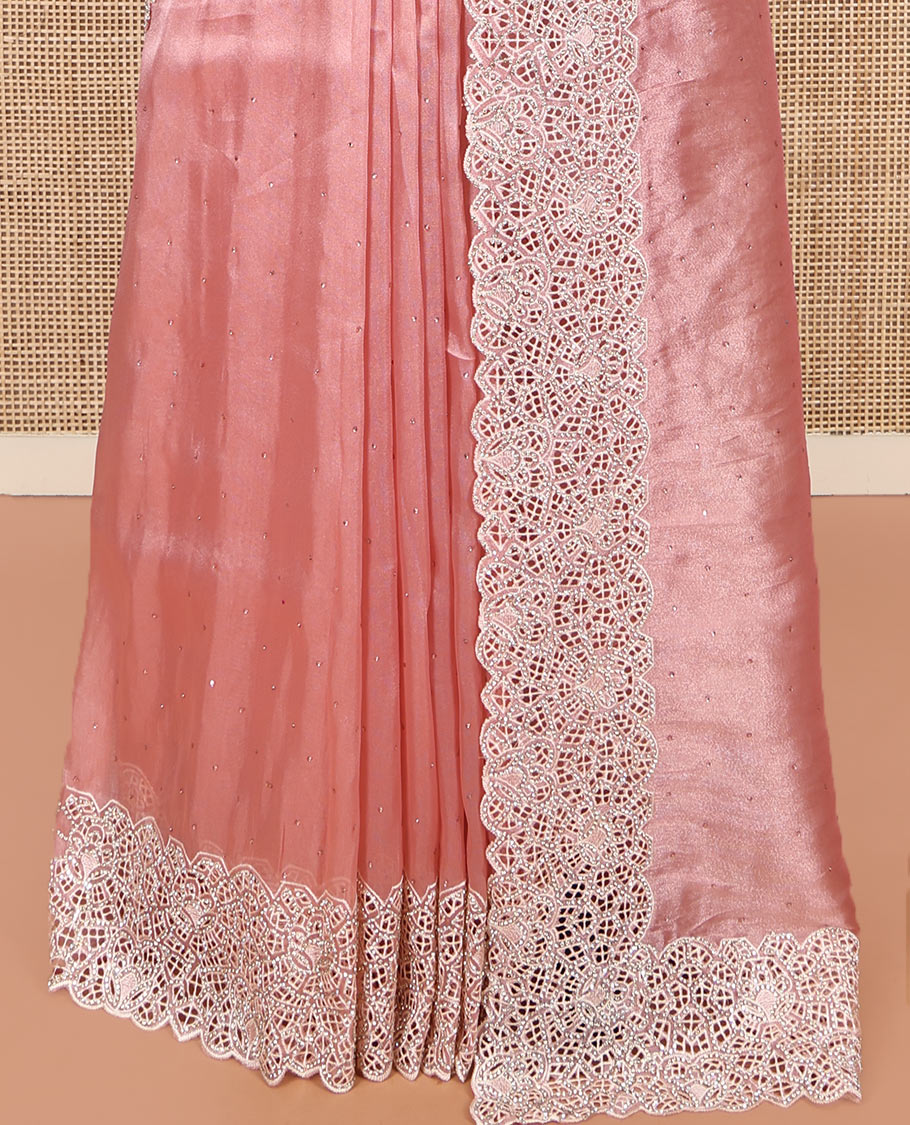 Pale Pink Designer Saree, Bedecked with Stonework, Scallop-Cut Work Border, Self Pallu, and Matching Blouse