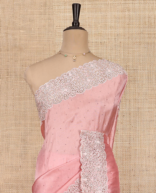 Pale Pink Designer Saree, Bedecked with Stonework, Scallop-Cut Work Border, Self Pallu, and Matching Blouse